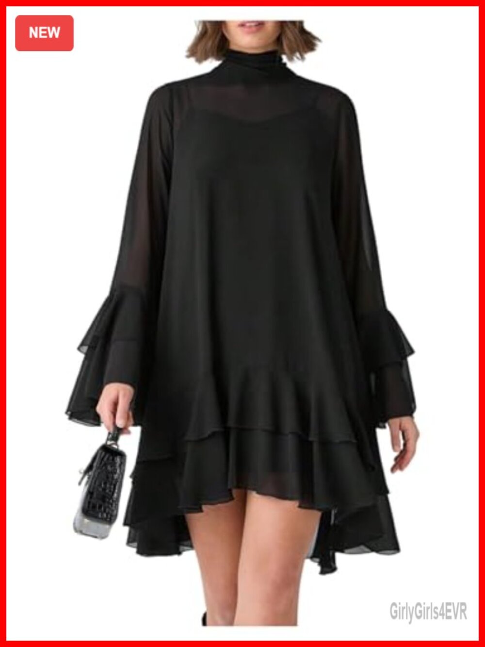 Women 2 Piece Chiffon Flowy Dress Cami Set Ruffled Long Sleeve Casual